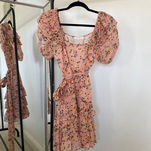 LoveShackFancy pink floral ruffle dress